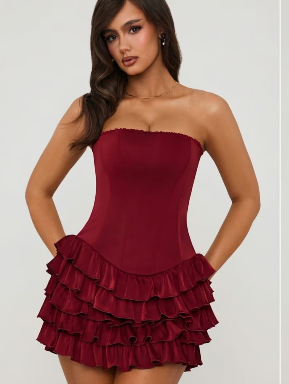 Oh Polly Strapless Ruffle Tiered Mini Dress in Deep Wine